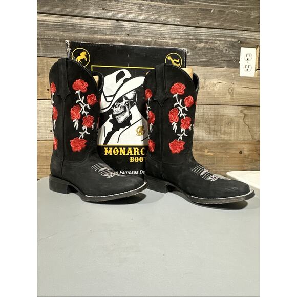 Monarca Womens Western Cowgirl Rodeo Boots Leather Square Toe Red Rose Size 9 - Picture 1 of 8
